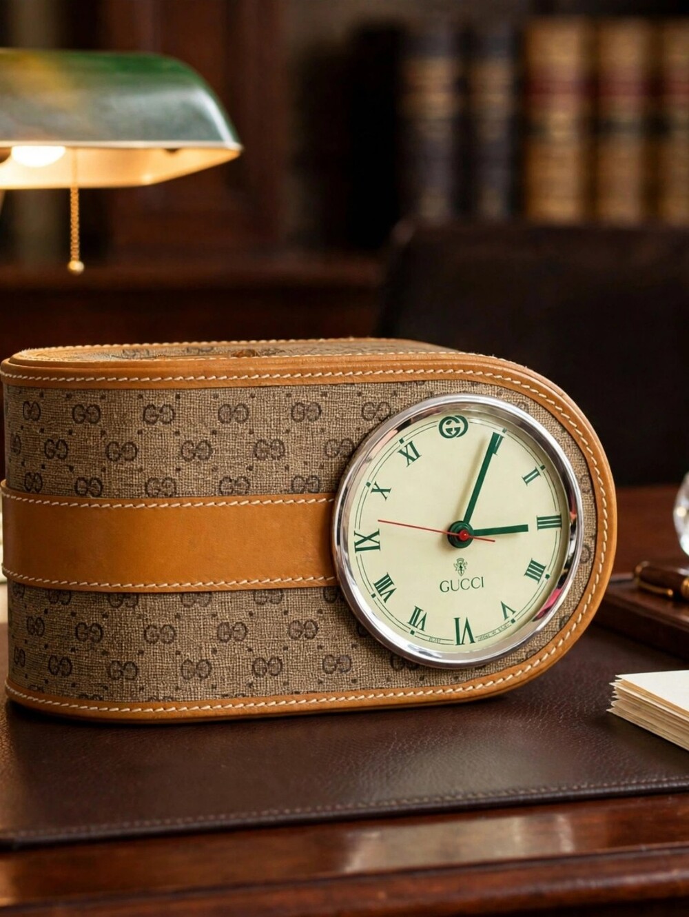 RARE GUCCI Tan Signature Logo Desk Clock with Pen Holder